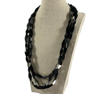Black Silver Tone Plastic Beaded Necklace 3 Tier 24-27" Statement Classic